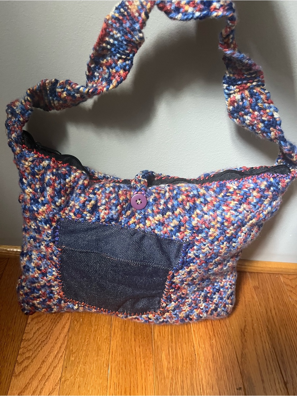 Handmade Crochet Shoulder Bag - Multi-Color Knit Purse w/ Denim Pocket & Lined